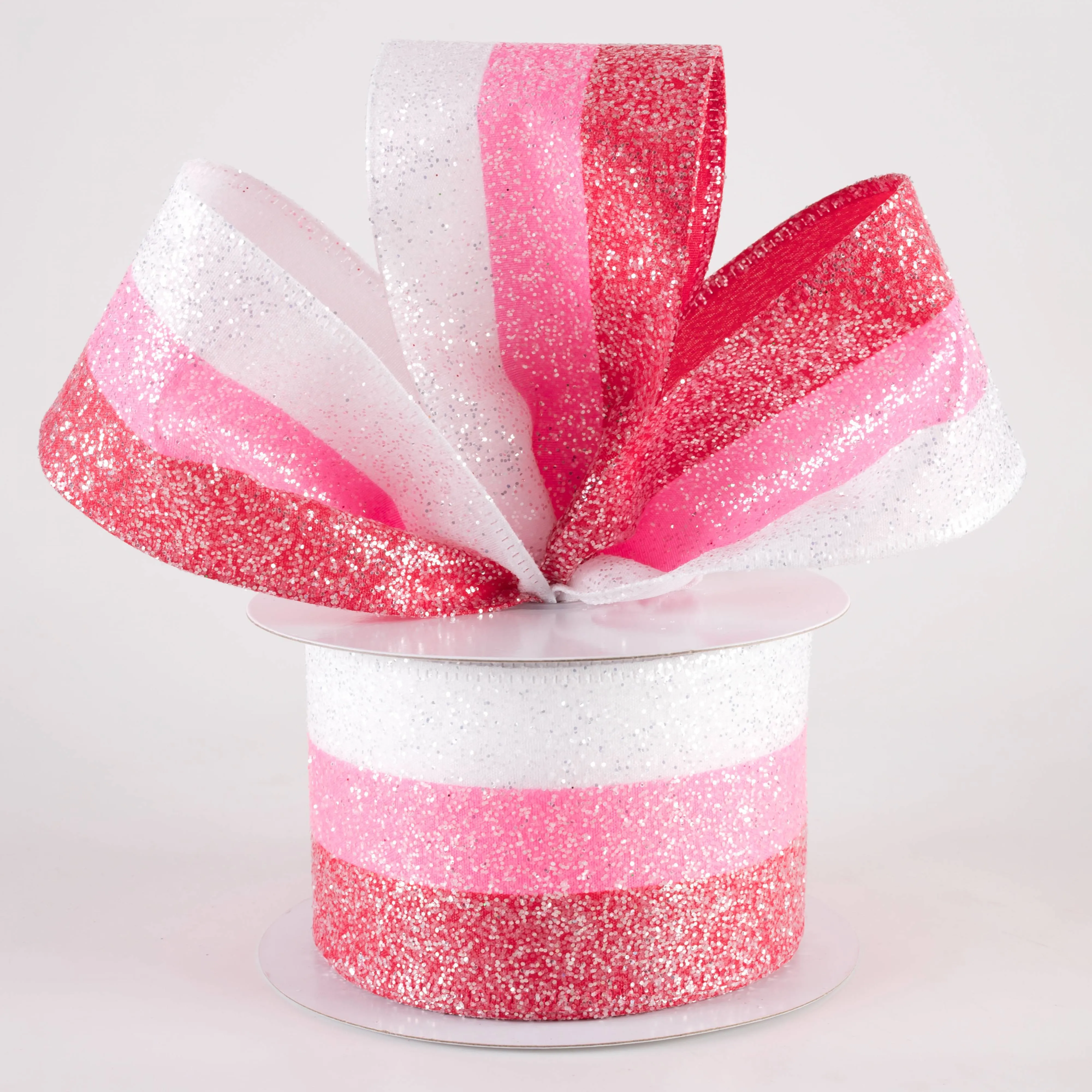 2.5" Candied Glittered Stripes Ribbon: Red, White & Pink (10 Yards)