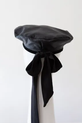 Black Leather Beret with Detachable Scarf