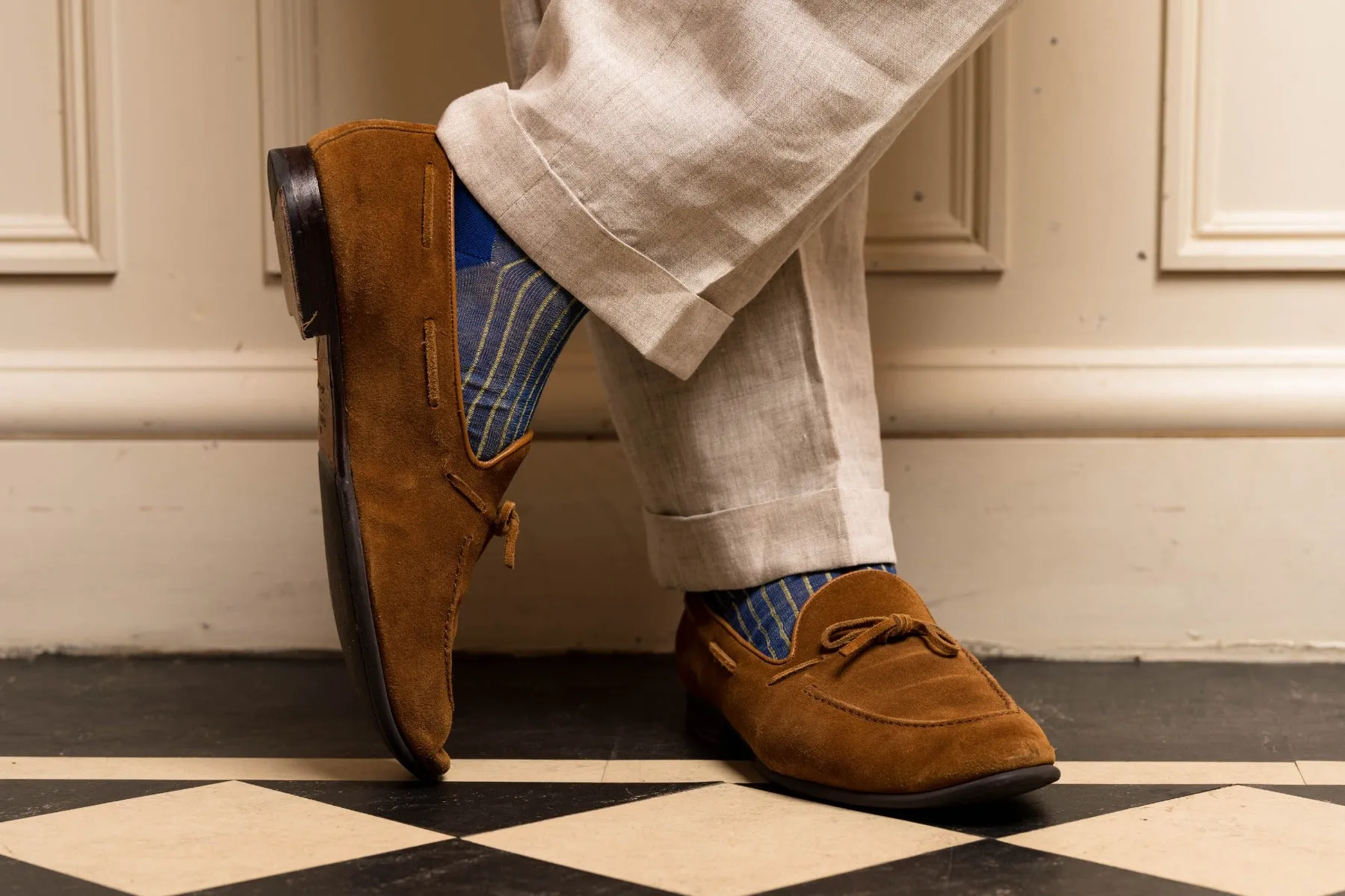 Bright Blue & Yellow Shadow Stripe Ribbed Cotton Socks