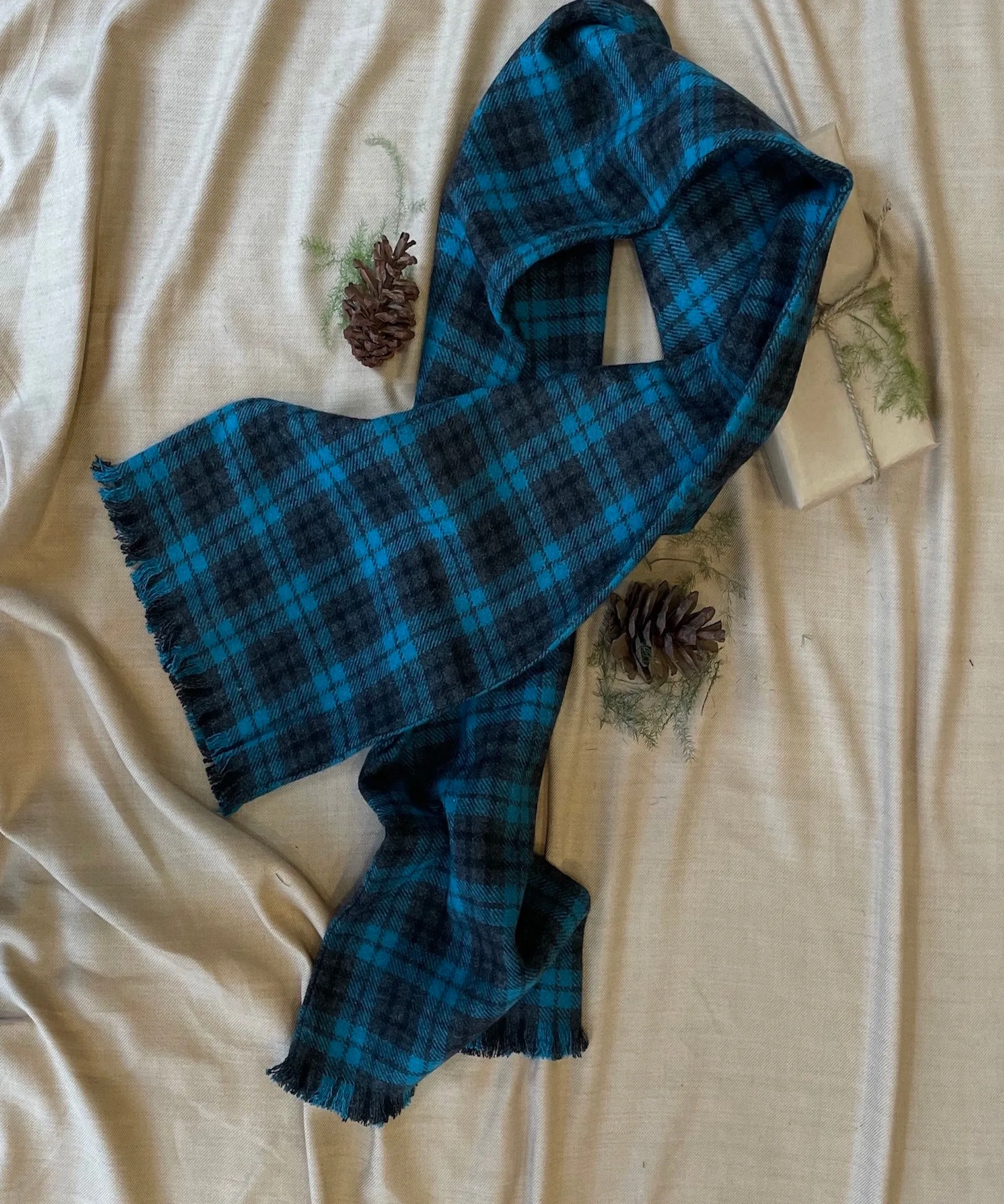 Charcoal Blue Plaid Tweed Scarf