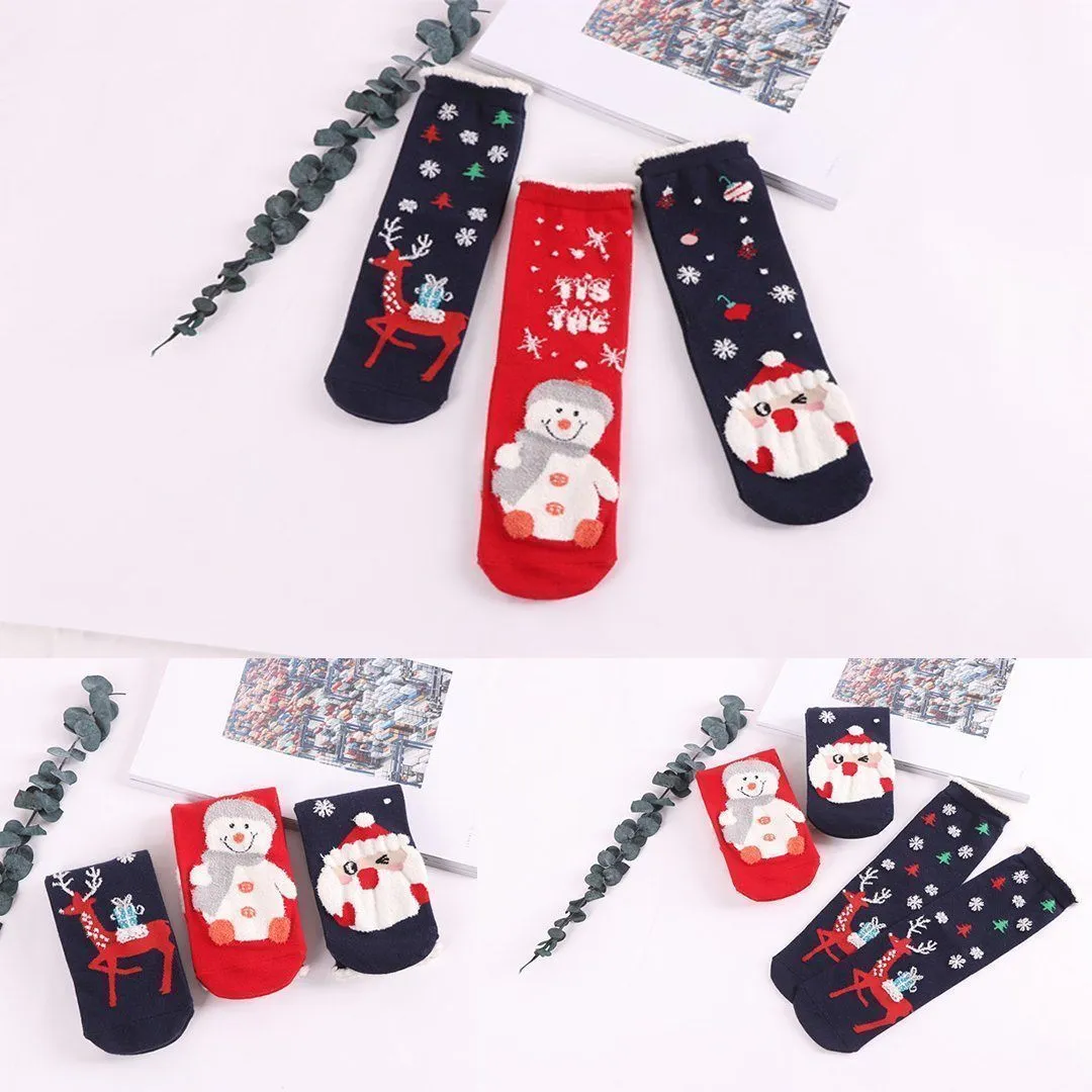 Christmas Cartoon Jacquard Cotton Women's Socks, 3 Sets