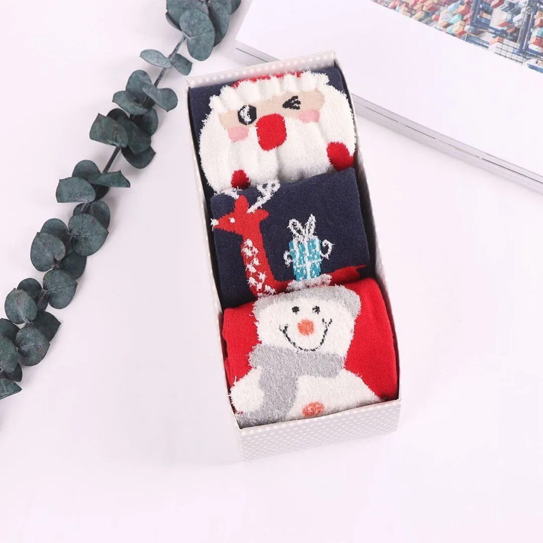 Christmas Cartoon Jacquard Cotton Women's Socks, 3 Sets