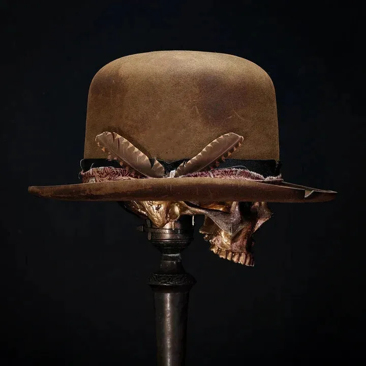 Distressed Fedora in Camel with Black Ribbon Crossed with 2 Feathers