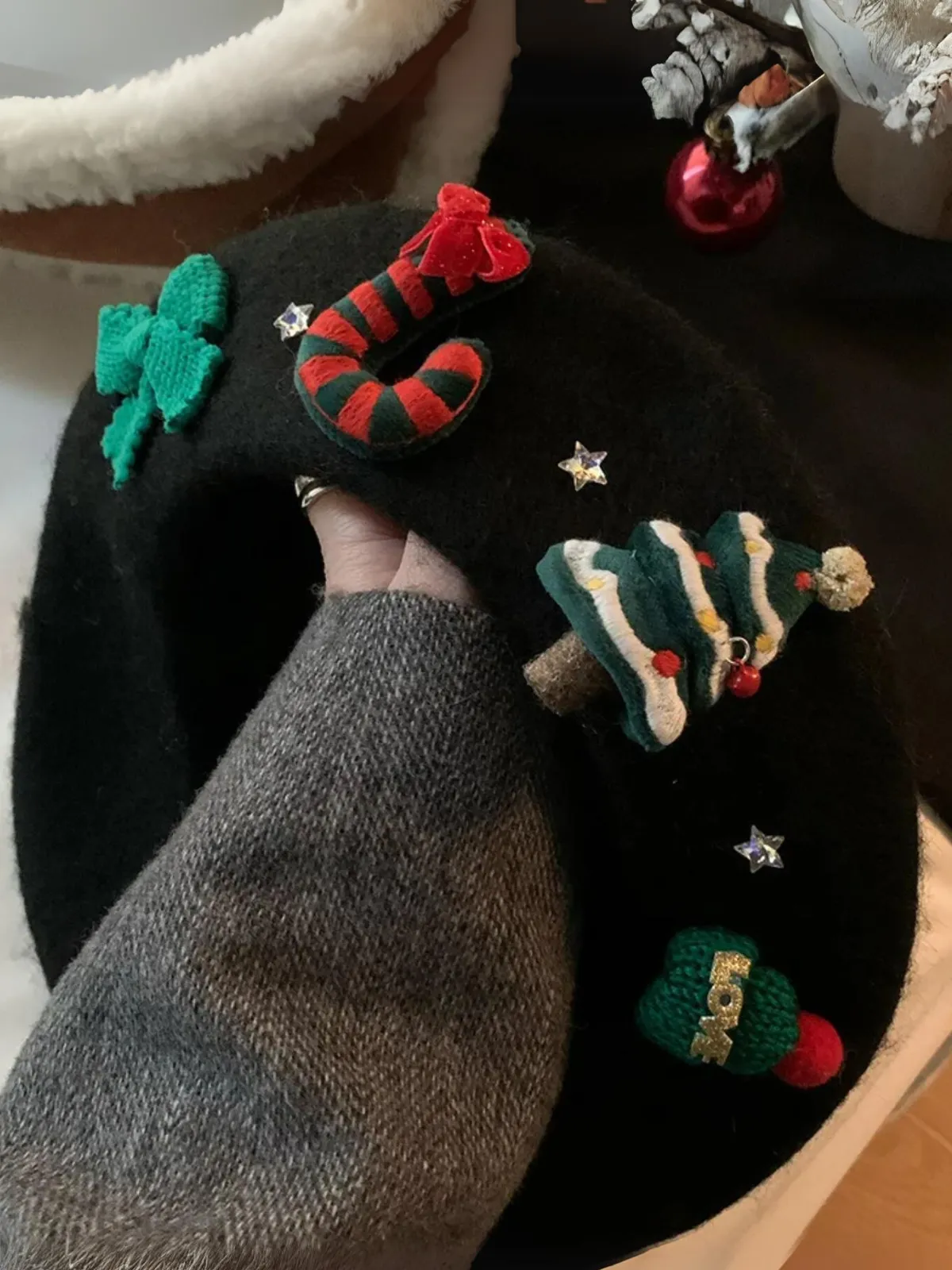 Festive Knit Christmas with Holiday Embellishments Beret