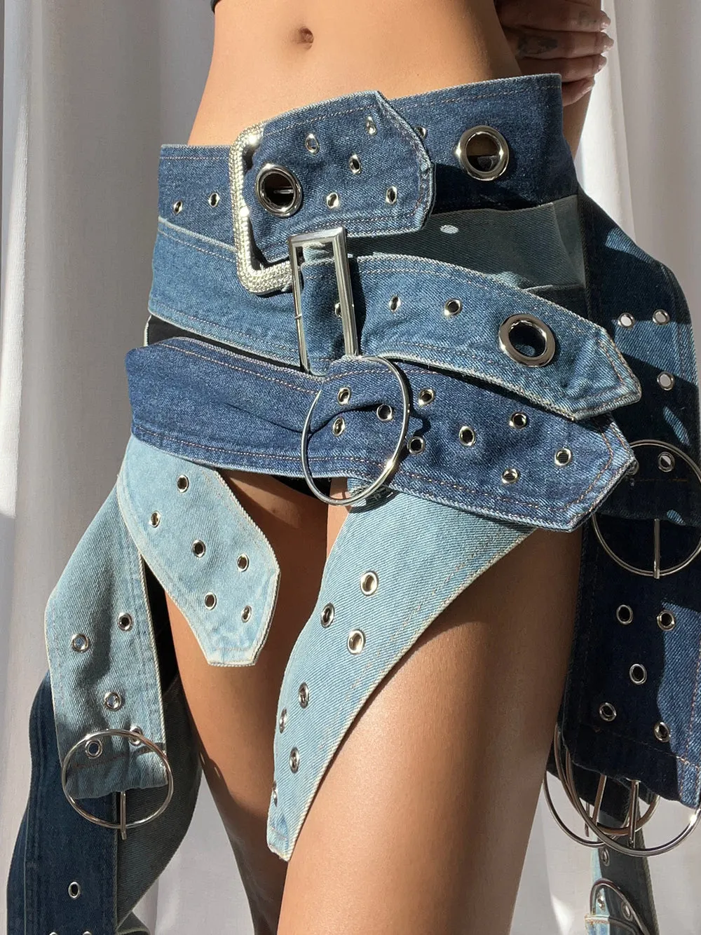 FIBIA Belts Denim Mini Skirt