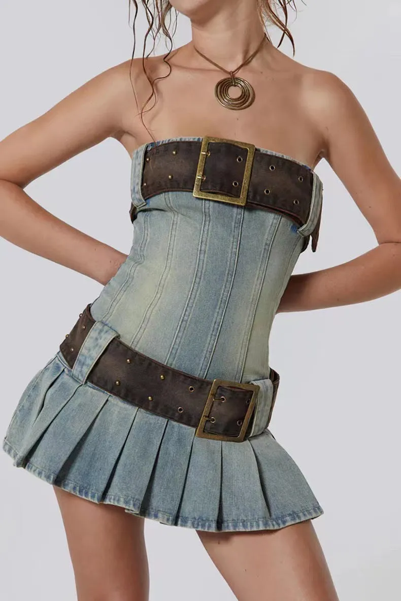 Flytonn- Buckle Belt Strapless Denim Mini Dress