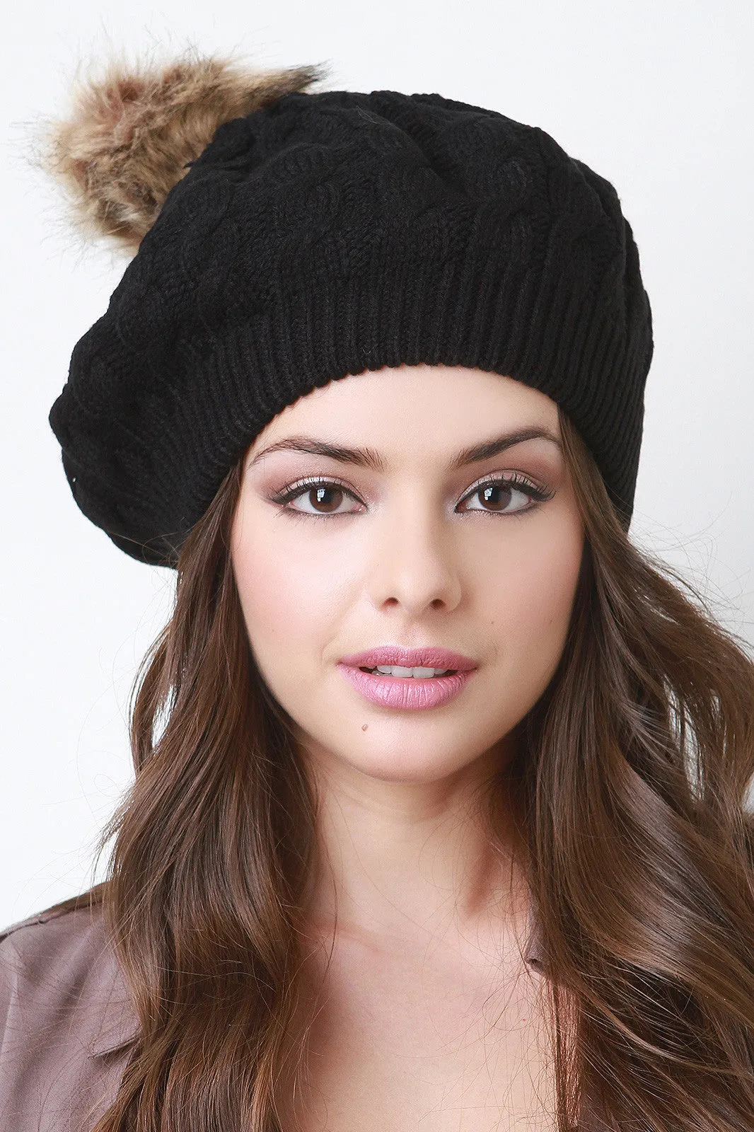 Fur Pom Pom Cable Knit Beret