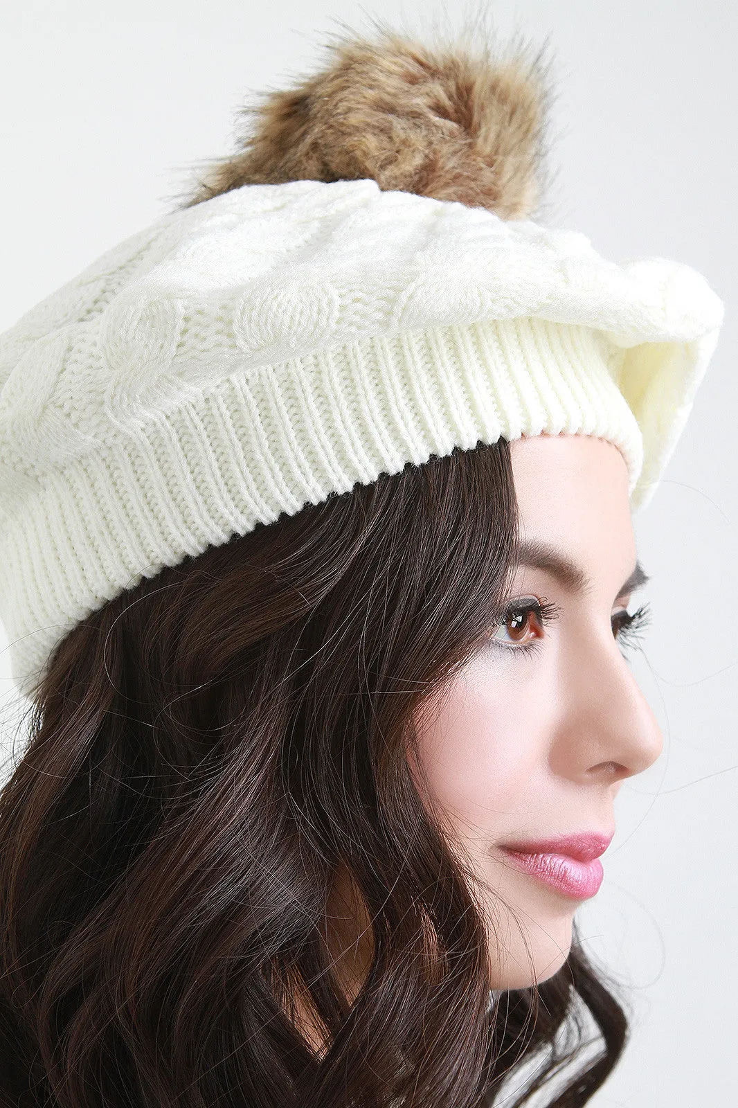 Fur Pom Pom Cable Knit Beret