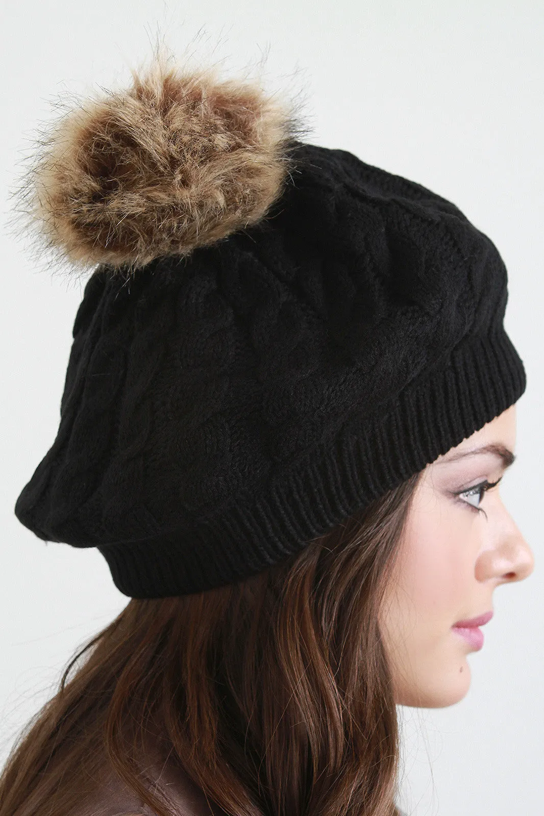 Fur Pom Pom Cable Knit Beret