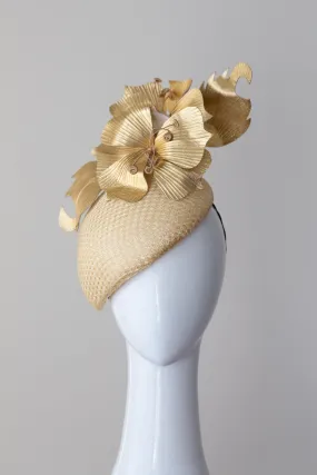 Gold Tear Drop Beret with Leather Flowers