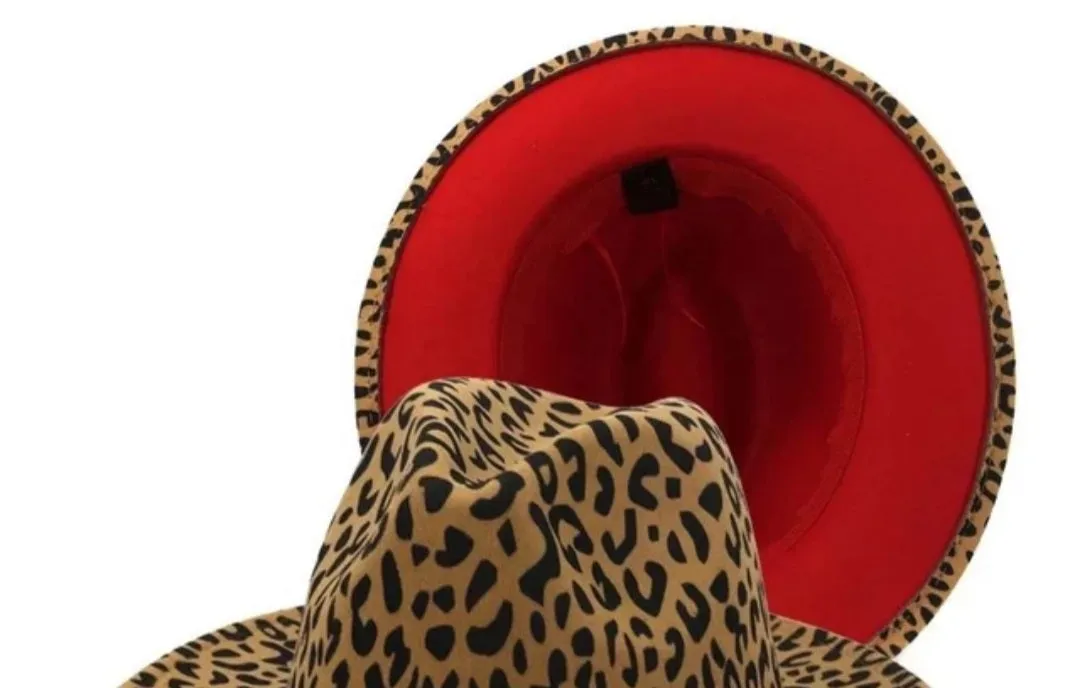 LEOPARD AND RED UNISEX WIDE BRIM FEDORA WITH BELT