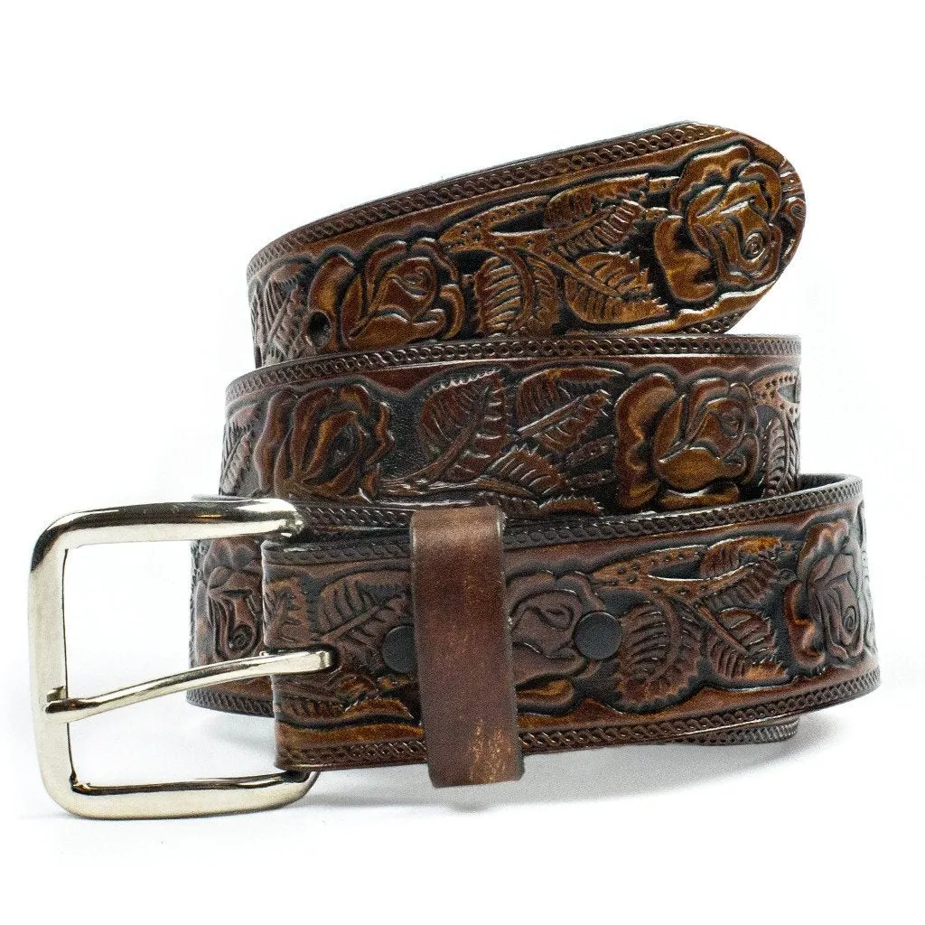 Rose Pattern Brown Leather Belt