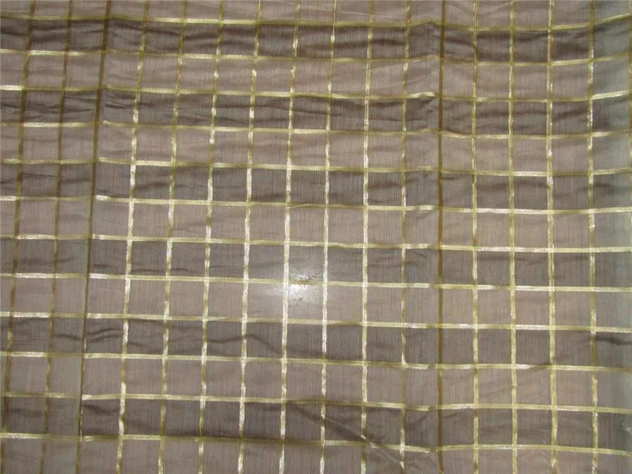 silk chanderi Brocade fabric plaids grey/ivory/gold 44&quot; wide