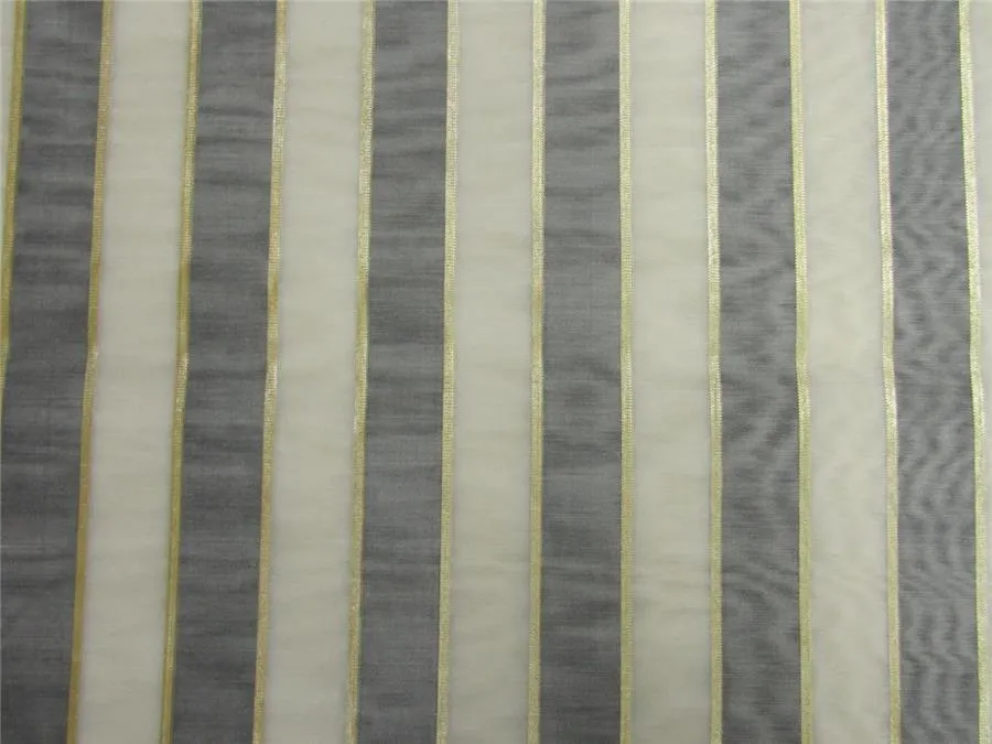 silk chanderi Brocade fabric stripe grey/ivory/gold 44&quot; wide