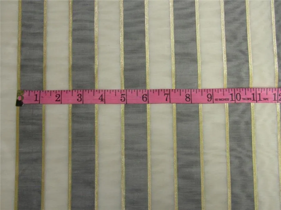 silk chanderi Brocade fabric stripe grey/ivory/gold 44&quot; wide