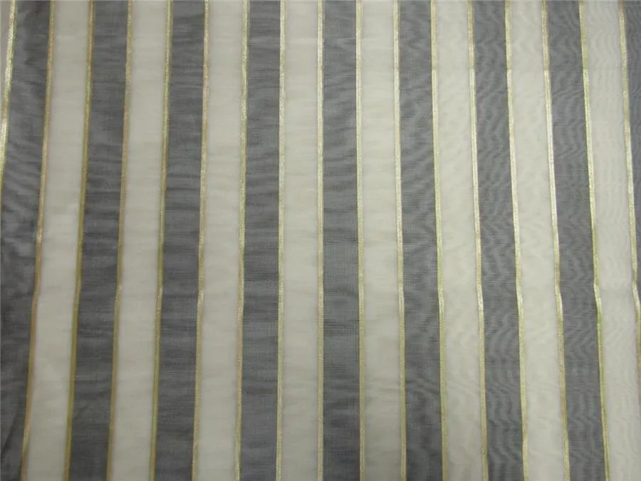 silk chanderi Brocade fabric stripe grey/ivory/gold 44&quot; wide