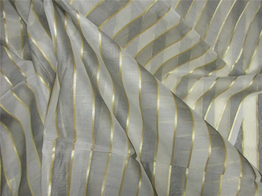 silk chanderi Brocade fabric stripe grey/ivory/gold 44" wide [8943]