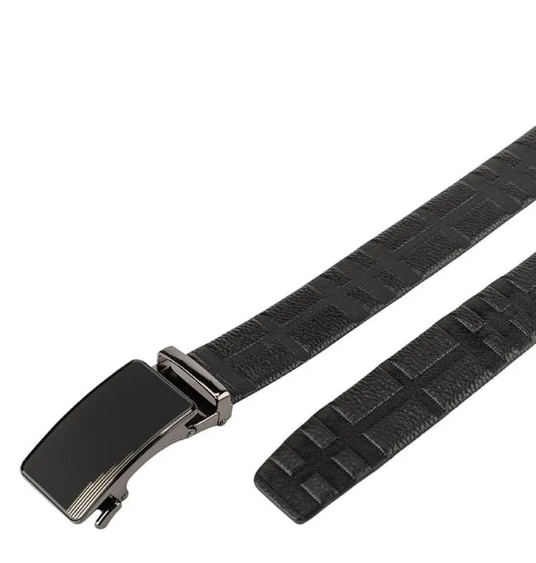 Striped Plate Buckle Full Grain Leather Belt - Black