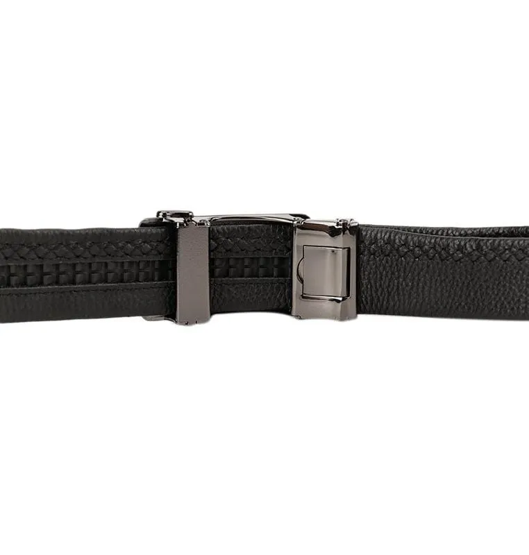 Striped Plate Buckle Full Grain Leather Belt - Black