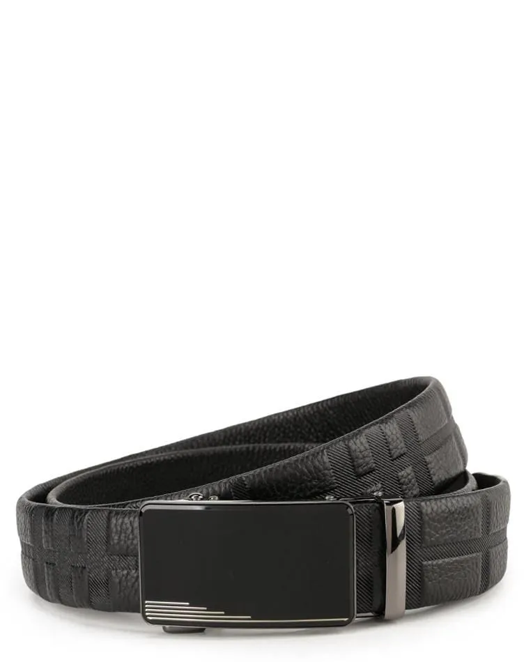 Striped Plate Buckle Full Grain Leather Belt - Black