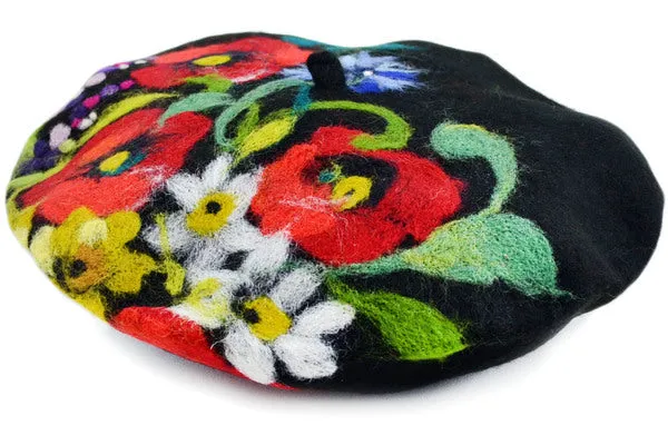 Textile Handmade Needle Felted Wool Beret Hat Poppies