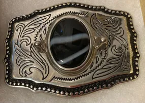 Vintage Metal Belt Buckle, Nice Black and White Striped Stone Design, Nice Western Design, 3 1/4" x 2 1/4", Heavy Duty, Quality