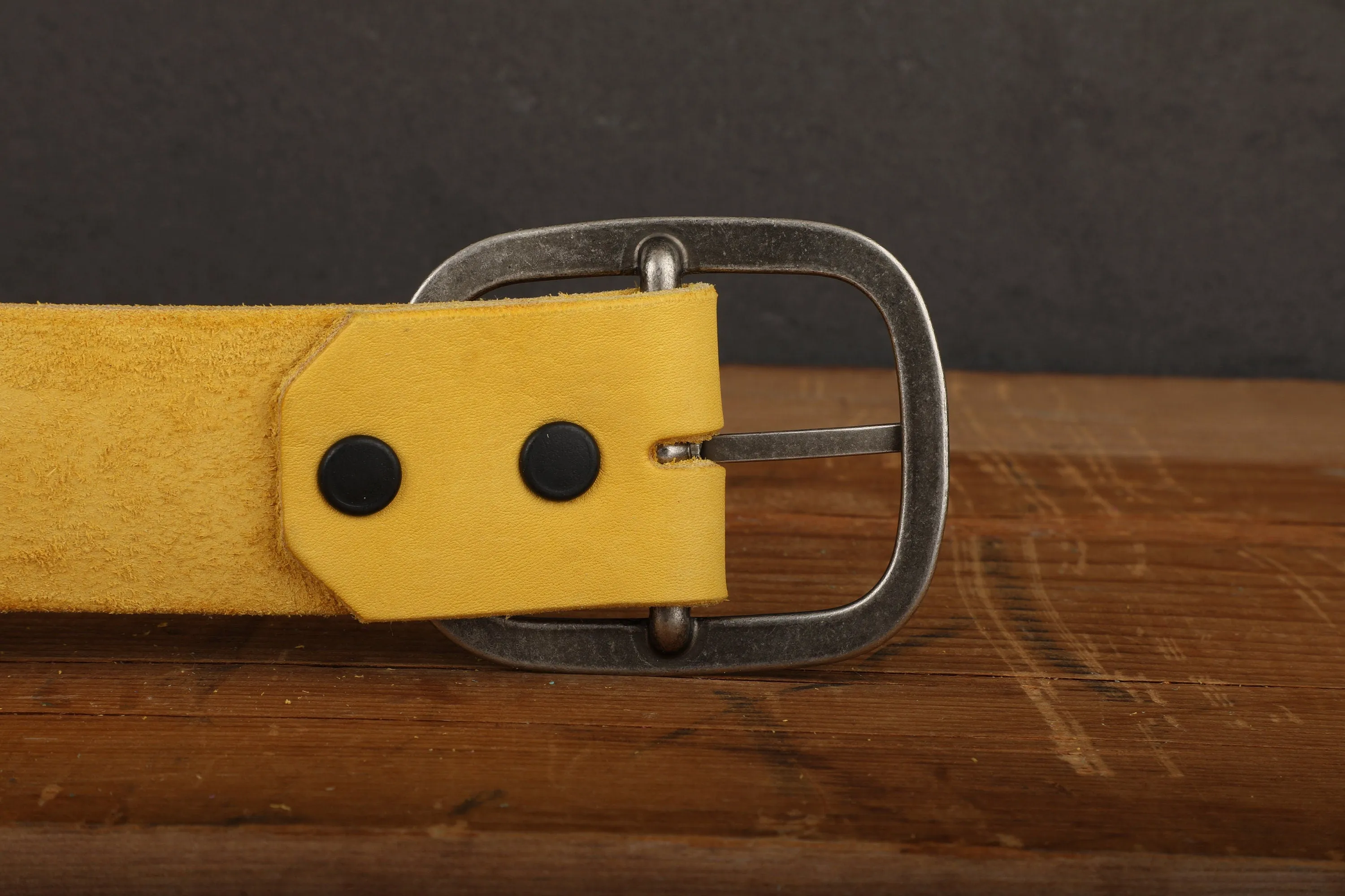 Yellow Leather Belt Snap Closure with Antique Gold Tone Brass Buckle