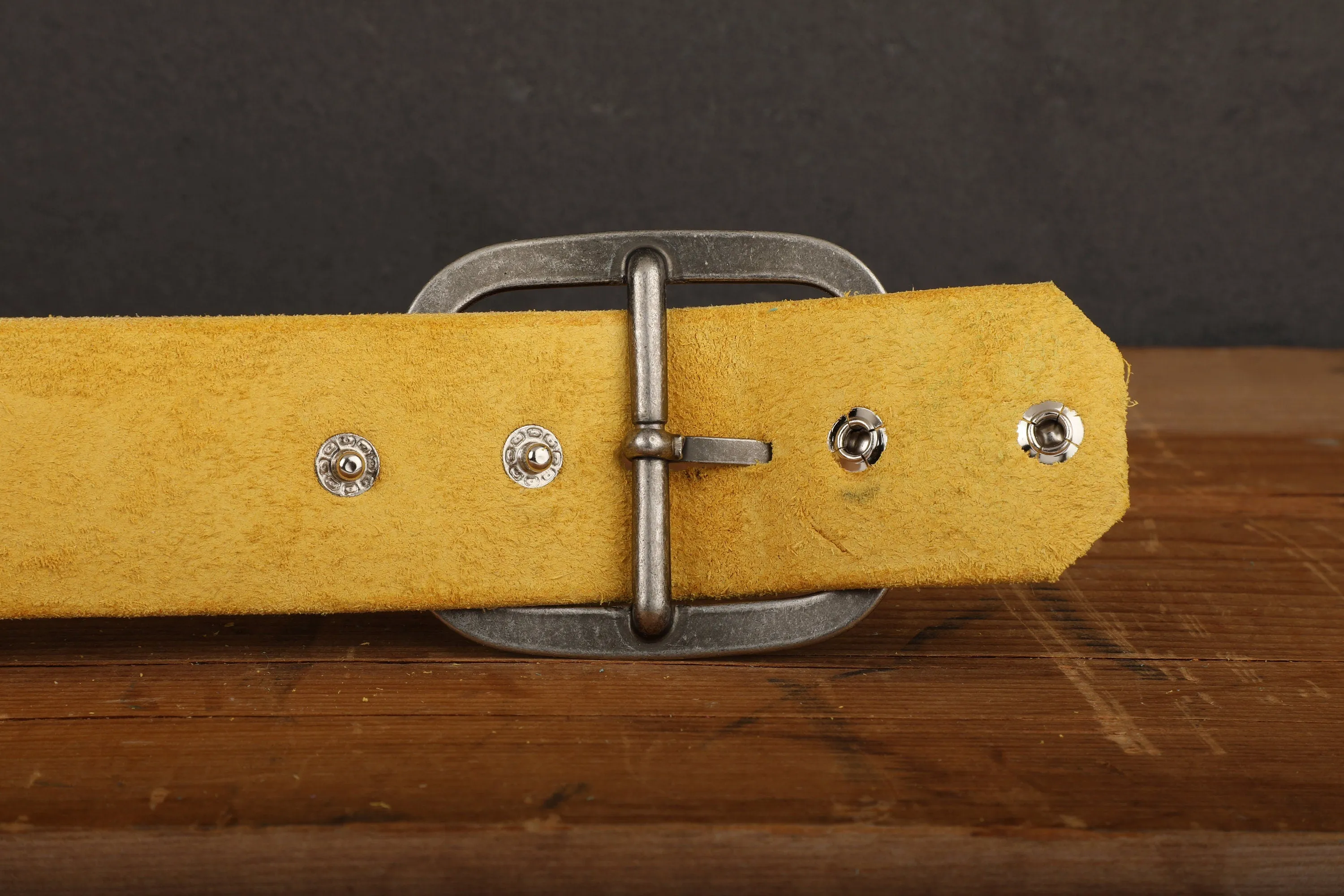 Yellow Leather Belt Snap Closure with Antique Gold Tone Brass Buckle