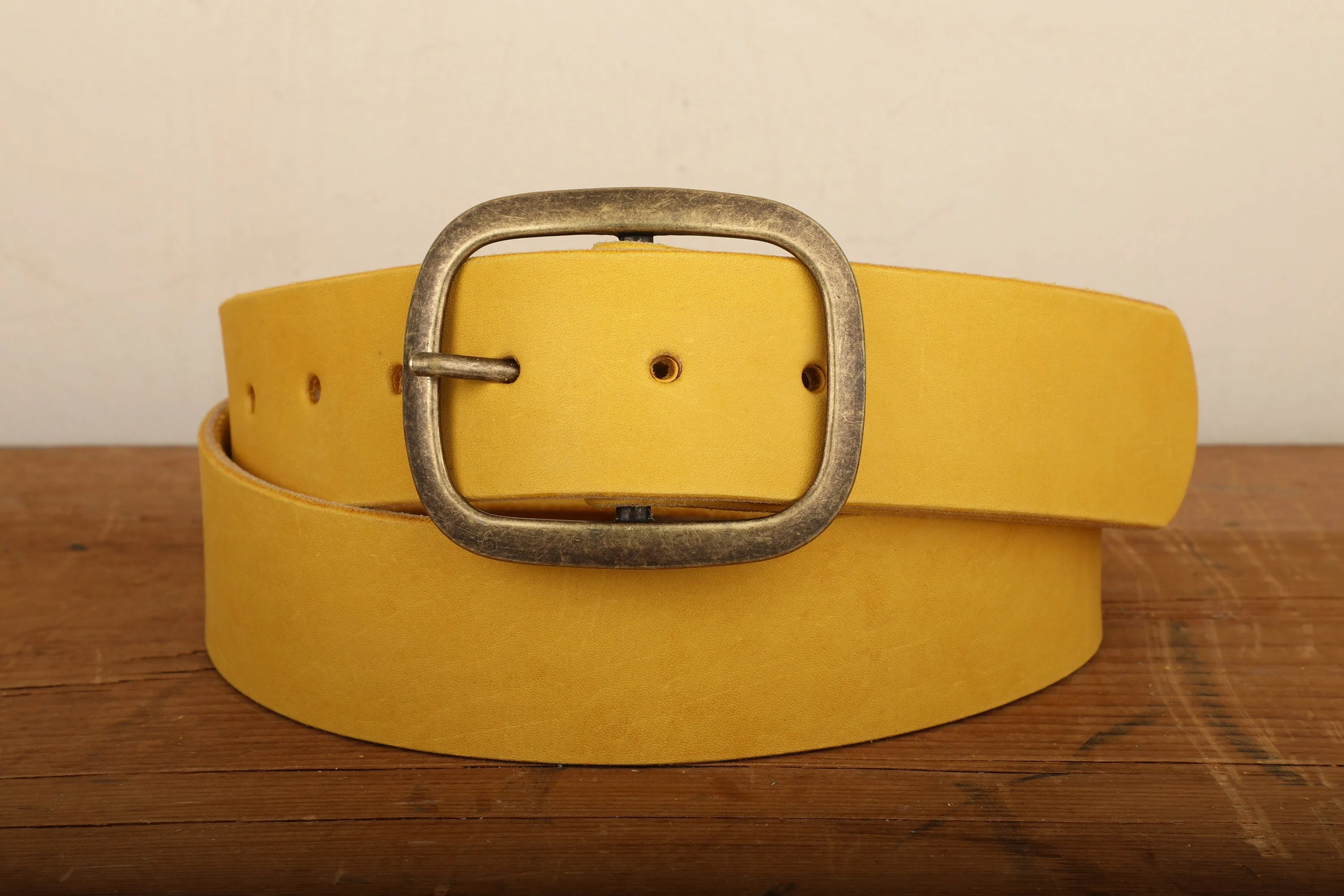 Yellow Leather Belt Snap Closure with Antique Gold Tone Brass Buckle