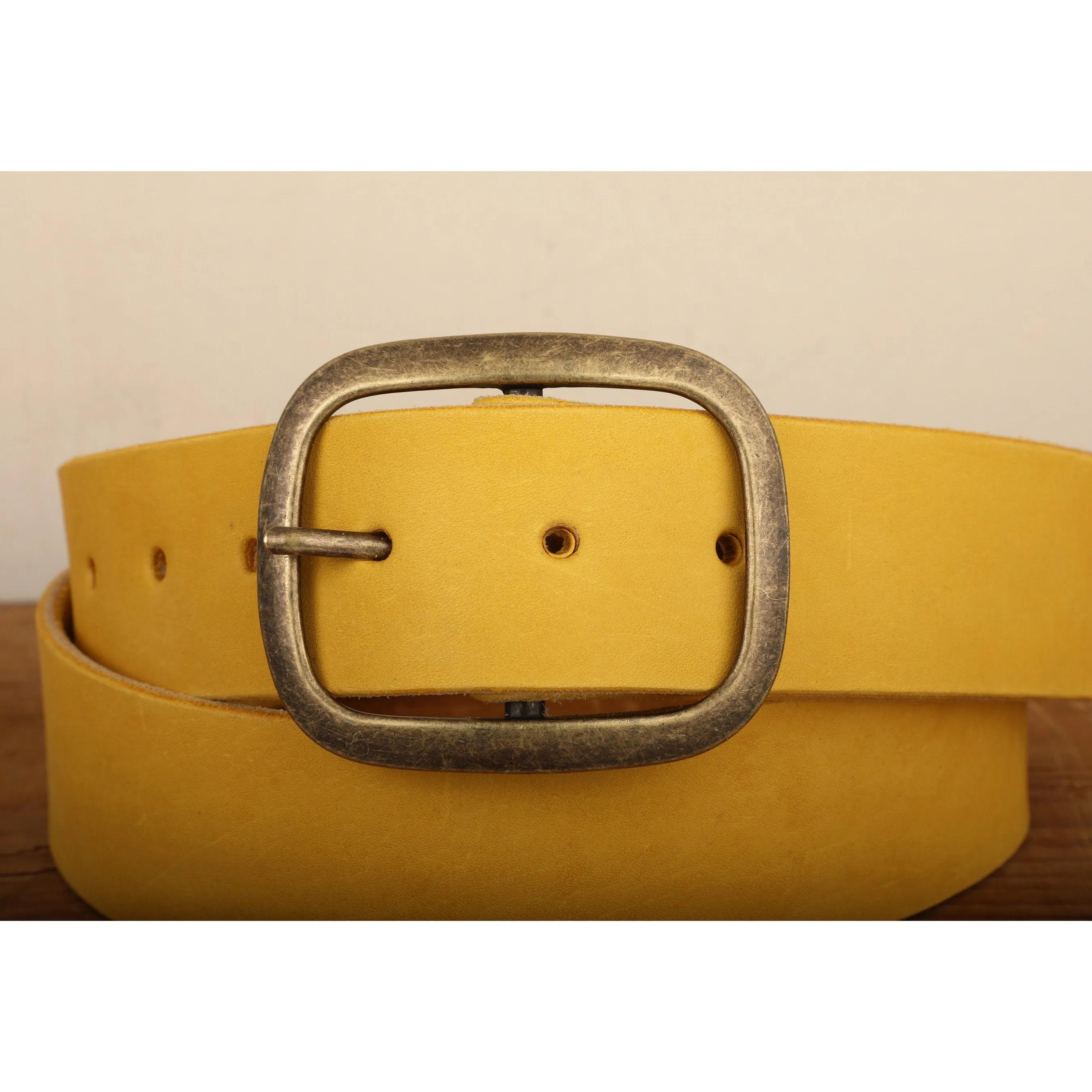 Yellow Leather Belt Snap Closure with Antique Gold Tone Brass Buckle