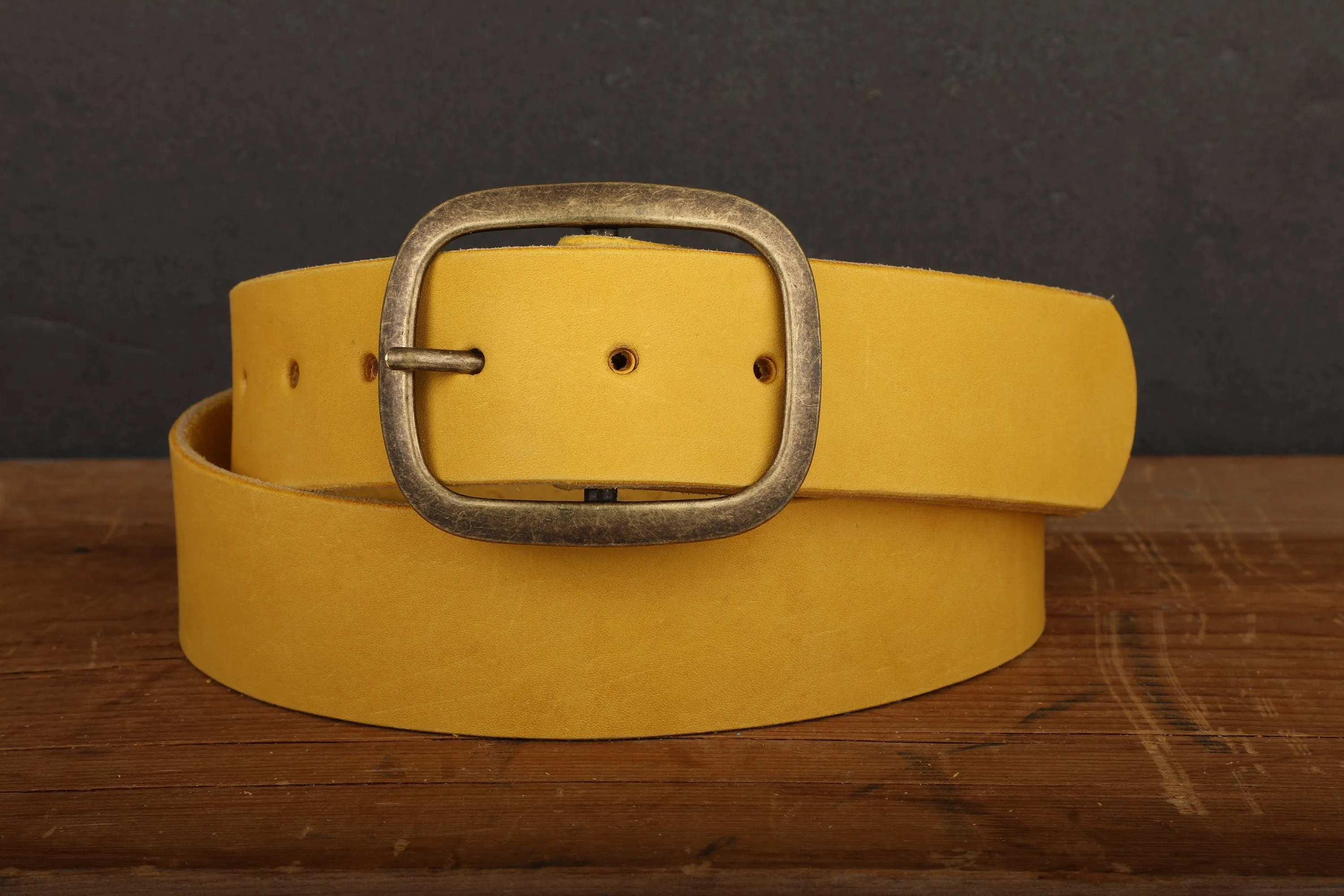 Yellow Leather Belt Snap Closure with Antique Gold Tone Brass Buckle